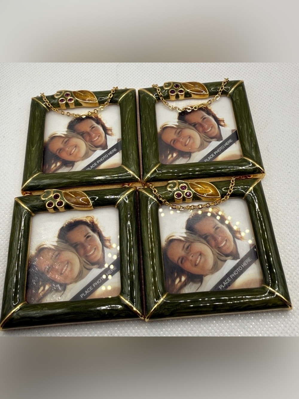 4  VTG Hallmark Green Enamel mini photo picture Frame Set Rhinestones